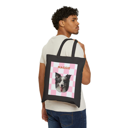 Custom Pet Black Tote Bag - Pink Squares